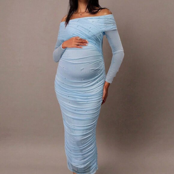 Blue Elegant Maternity Open Shoulder Ruched Slim Fit Maxi Dress - Picture 3 of 7